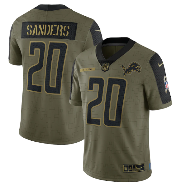 Men's Detroit Lions #20 Barry Sanders 2021 Olive Salute To Service Limited Stitched Jersey Men's Detroit Lions #20 Barry Sanders 2021 Olive Salute To Service Limited Stitched Jersey